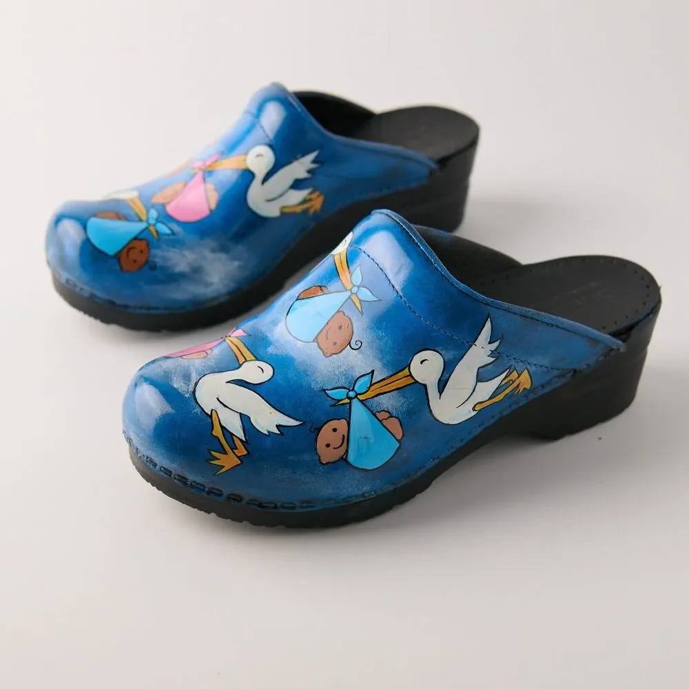 Sanita Hand Painted Stork Baby Clogs Sz 37 EU Nurse RN Midwife Shoes Denmark - Picture 3 of 15